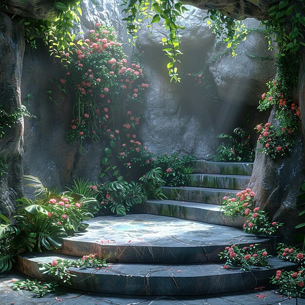 Photo a stone path with flowers and plants on it