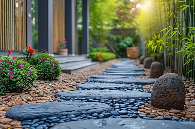 A stone path with a large boulder in the middle