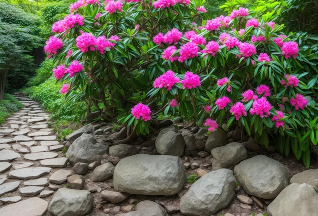 A stone path with a pink rhododendron in the garden