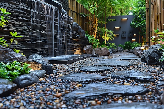 A stone path with a waterfall in the background