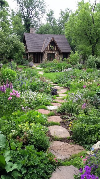 Photo stone paths wind through a vibrant garden of colorful flowers and lush foliage