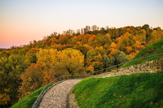 Stone pathway to a hill of Gediminas castle complex in the autumn season