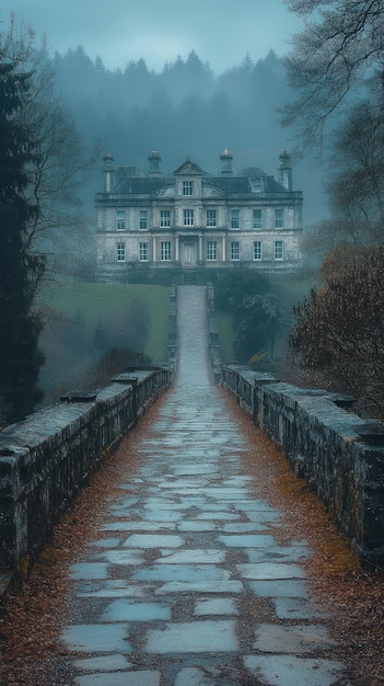 Photo a stone pathway leading to an ethereal mansion in the mist