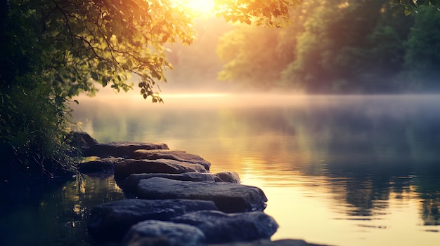 Stone Pathway Leading into a Misty River at Sunset