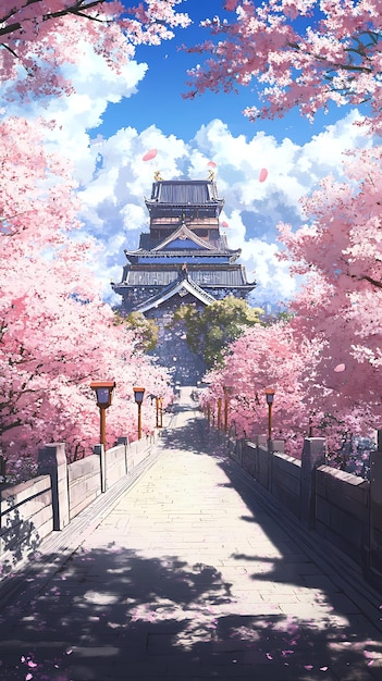 A Stone Pathway Leading to a Japanese Castle Underneath Cherry Blossoms