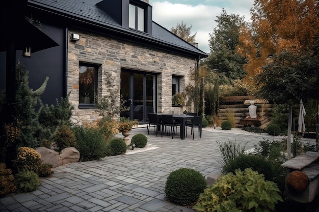 A stone patio with a black table and chairs in front of a house.