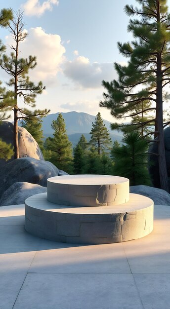 Stone pedestal with two levels on a mountain with a forest background