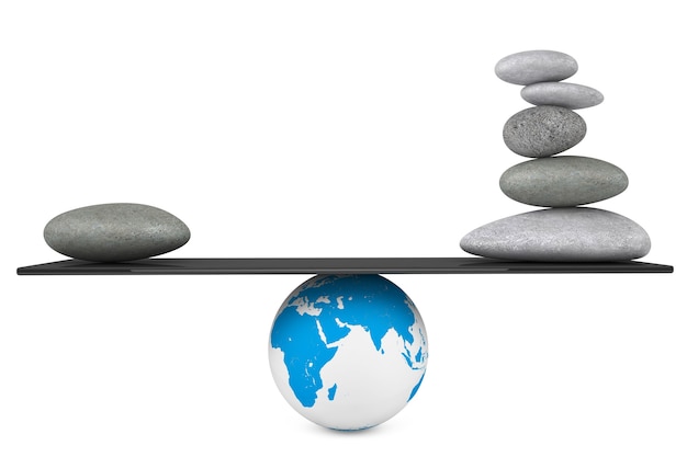 Stone pile in a Zen Garden balanced on a Earth globe on a white background