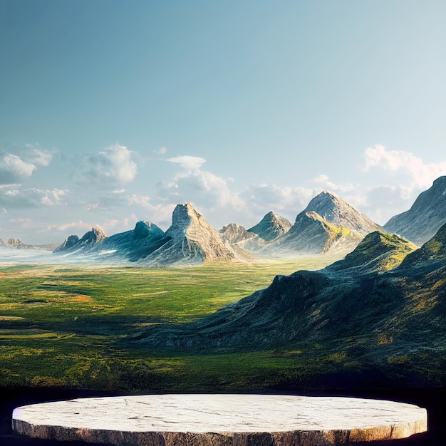 Stone platform 3d illustration fantasy landscape with mountains and blue sky on the background round white table for cosmetic product in renaissance art style