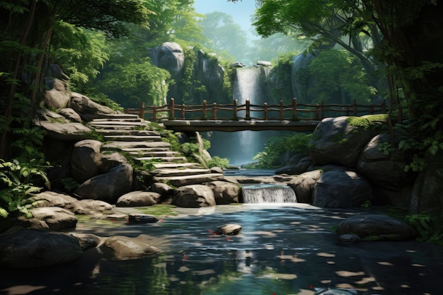 Stone Platform Over Waterfall Jungle Forest Backdrop For Showcasing