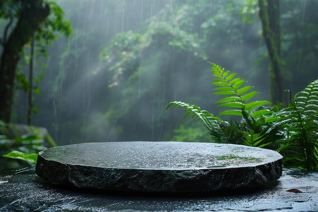 Stone platter in the forest on the tabletop high quality high resolution