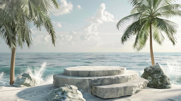 Stone podium on the beach with palm trees