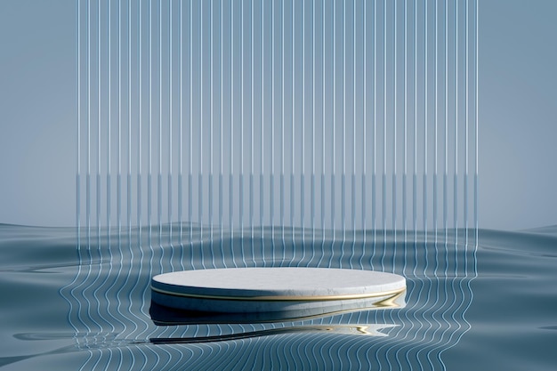 Stone podium on blue water glass background