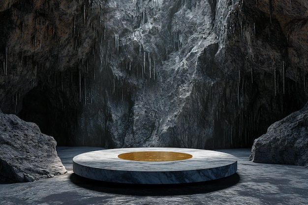 A stone podium in a cave with icicles