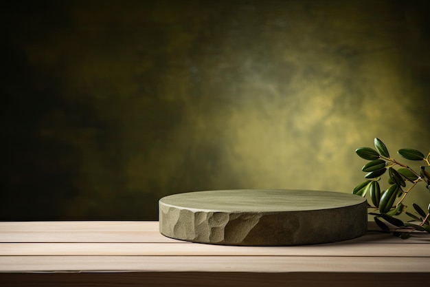 stone podium close shot wood backg studio with green olive