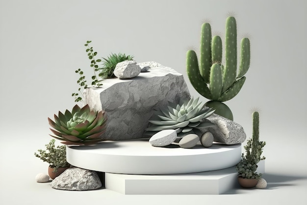 Stone podium cosmetic display stand with nature leaves Generation AI