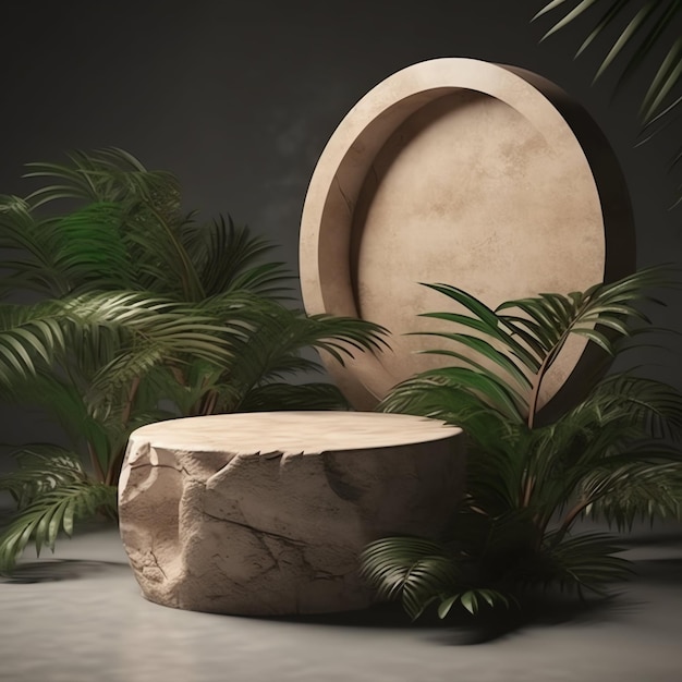 Stone podium for cosmetic display with nature tropical leaves