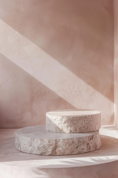 Stone podium designed for presenting cosmetic beauty products standing against a soft pastel