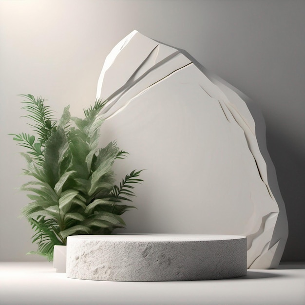 Stone podium display with white rock and plant blur foreground abstract background 3d render