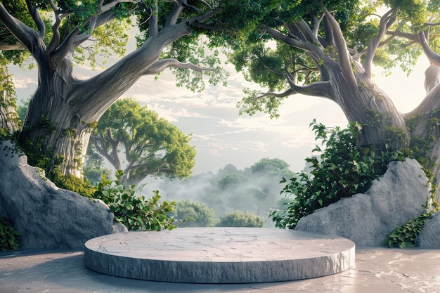 Stone Podium in a Misty Forest