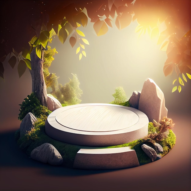 Stone podium or platform for product presentation display in the forest Generative AI