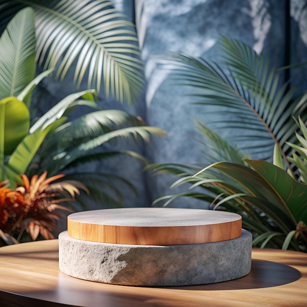 A stone podium for product display against the backdrop of a tropical forest