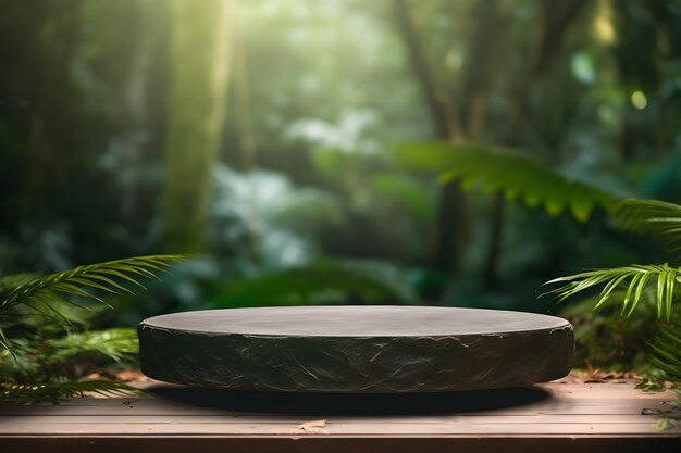 A stone podium for product display against the backdrop of a tropical forest