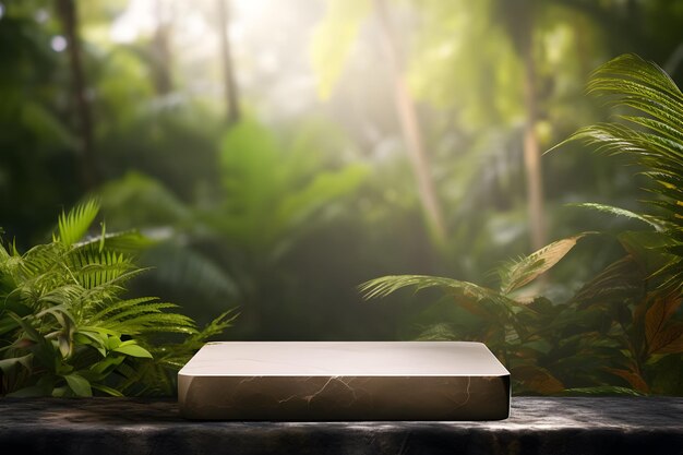 A stone podium for product display against the backdrop of a tropical forest