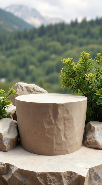 Photo stone podium for product display with a green forest in the background