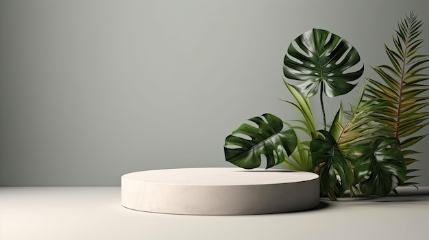 Stone podium for product presentation with tropical leaves background