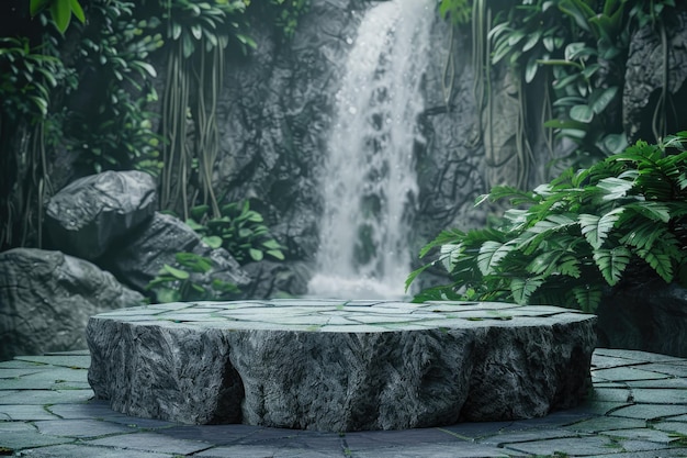 Stone Podium in Rainforest with Waterfall