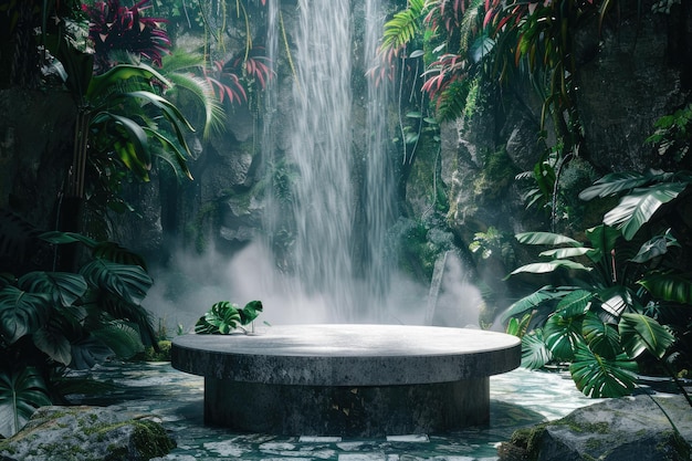 Stone Podium in Rainforest with Waterfall