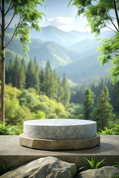 Stone podium on rock platform 3d illustration grey rock pedestal for a product display stand green forest and blurred on the background natural scenery landscape