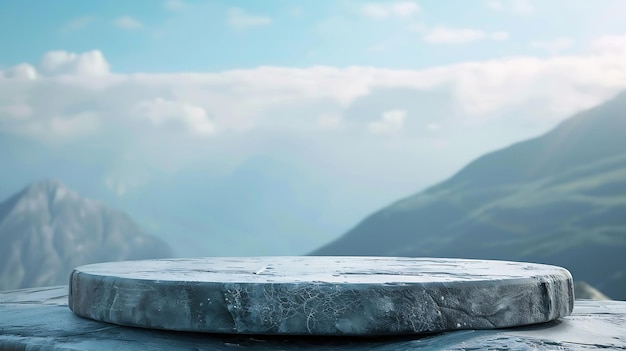 Stone podium rock table top with outdoor flat blue mountain nature landscape backgro Generative AI