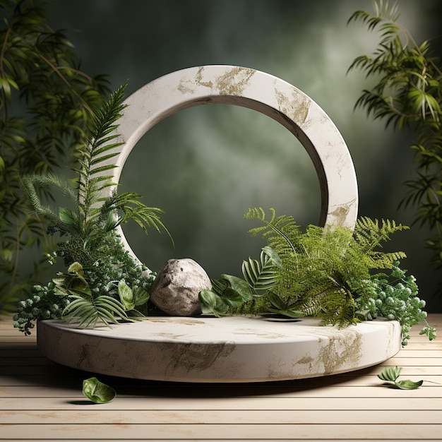 Stone podium stage for product presentation decorated with gren leaves