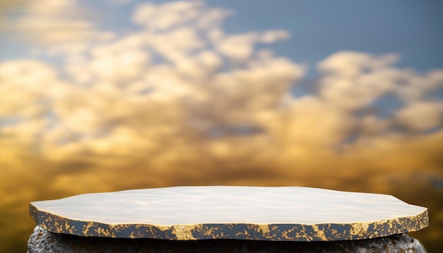 Stone podium table top outdoors on sky cloud blurred background