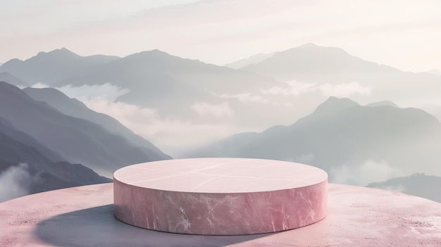 Stone podium tabletop floor in outdoors sky pink pastel with misty mountain nature l Generative AI