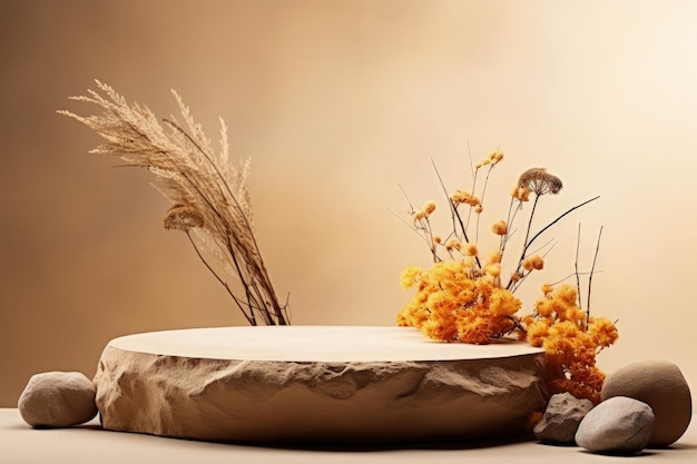 Stone podium with dried flowers and abstract nature scene composition on beige background for interi