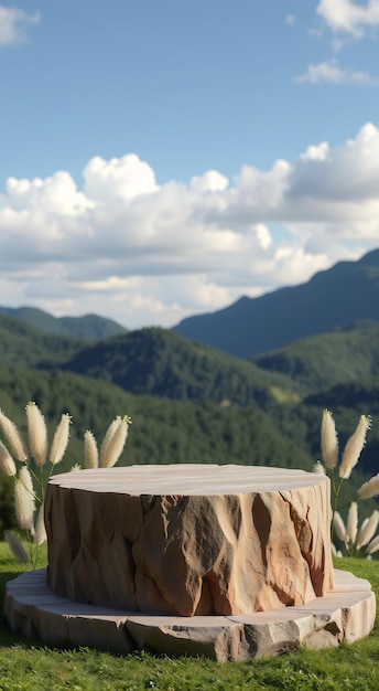 Photo stone podium with green grass and mountain background