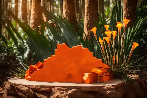 Stone podium with orange stone backdrop and yellow iris flowers in the tropic forest