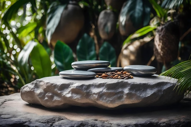 Stone podium with tropical background