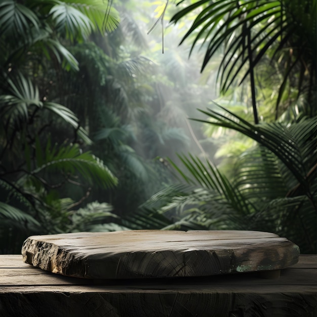 A stone podium on a wooden table for product design against the backdrop of a tropical forest