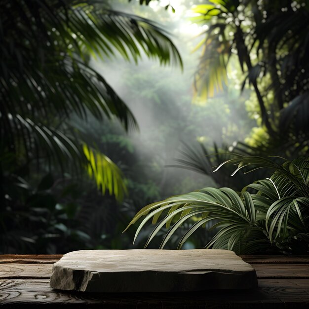 A stone podium on a wooden table for product design against the backdrop of a tropical forest