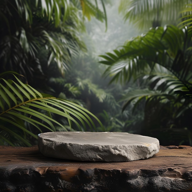 A stone podium on a wooden table for product design against the backdrop of a tropical forest