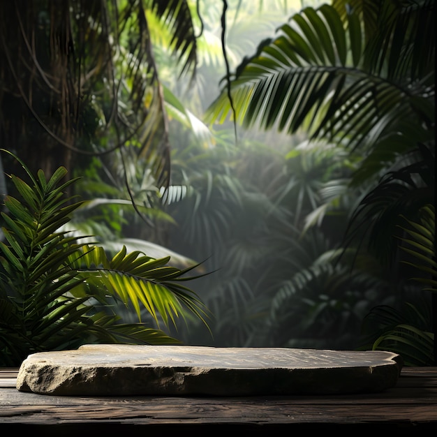 A stone podium on a wooden table for product design against the backdrop of a tropical forest