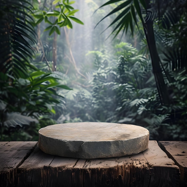 A stone podium on a wooden table for product design against the backdrop of a tropical forest