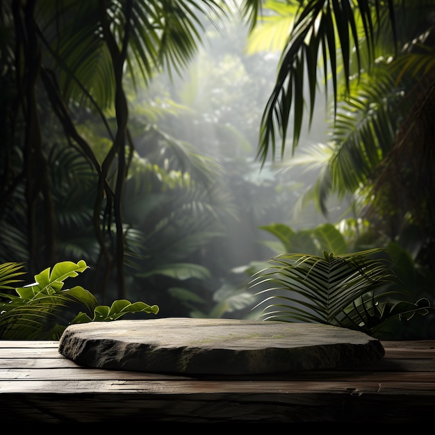 A stone podium on a wooden table for product design against the backdrop of a tropical forest