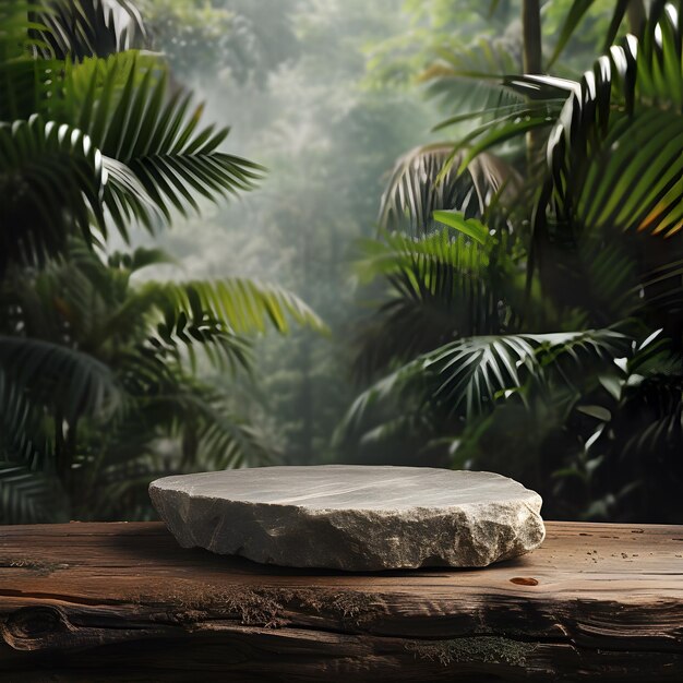 A stone podium on a wooden table for product design against the backdrop of a tropical forest