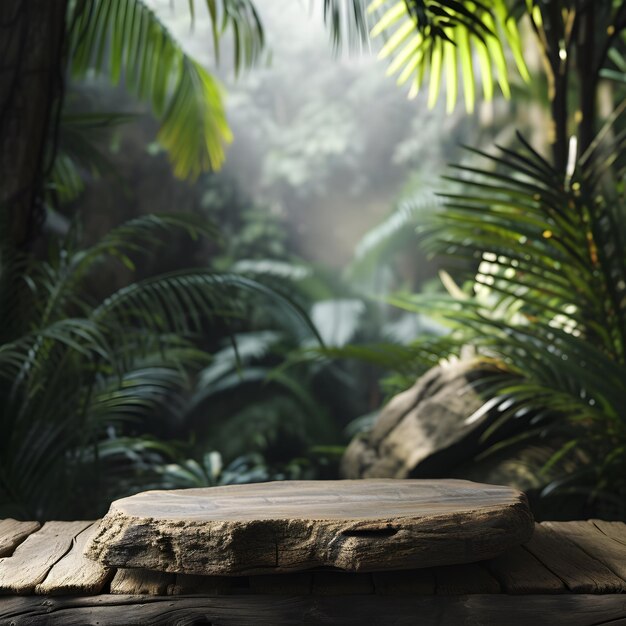 A stone podium on a wooden table for product design against the backdrop of a tropical forest