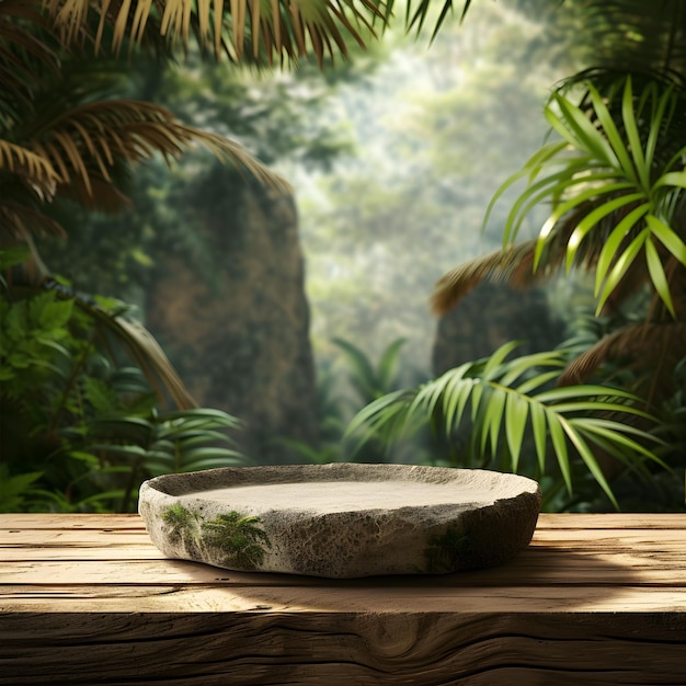 A stone podium on a wooden table for product design against the backdrop of a tropical forest